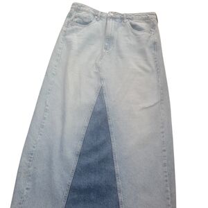 Light Wash Denim Maxi Skirt with Dark Inset Panel